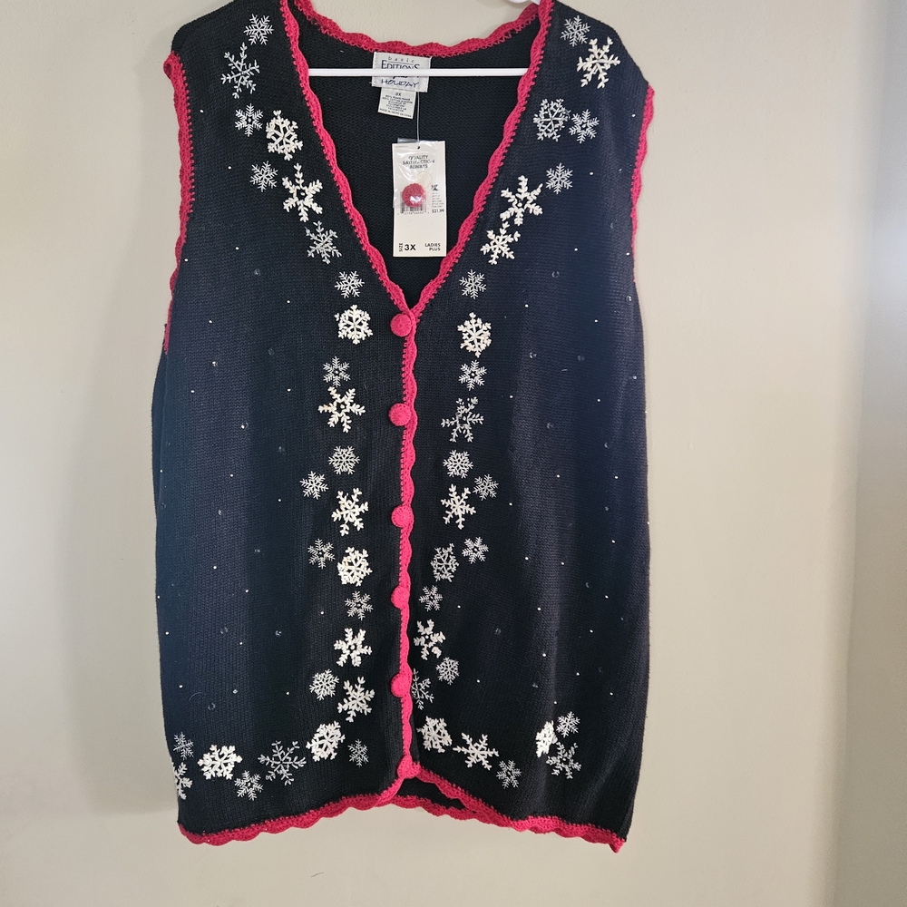 Elegant Black Snowflake Tank Top with Red Trim